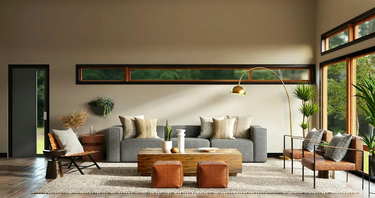 Bright living room with a grey sofa and large windows